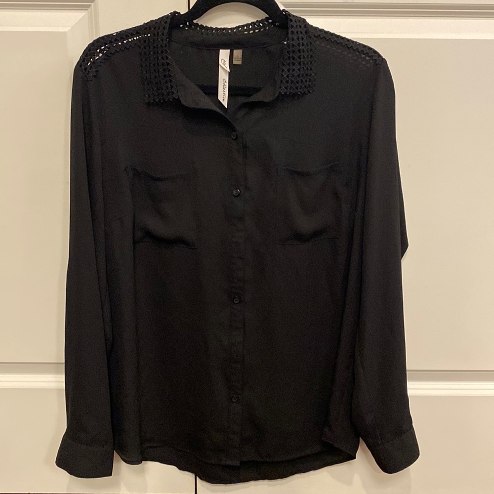 Women’s Black long sleeve Button Down with Lace Accents